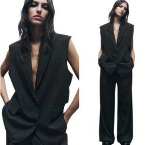 Zara Black Pinstripe Print Oversized Blazer Vest